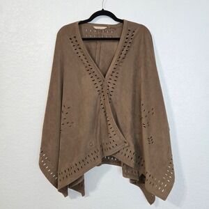 Soft Surroundings Brown Suede Laser Cut Perforated Poncho Wrap Snap Front